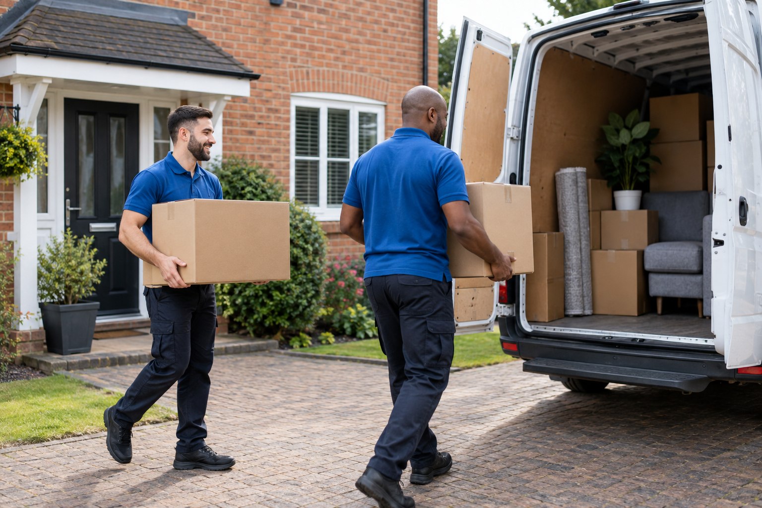 Movers loading boxes into a van outside a home